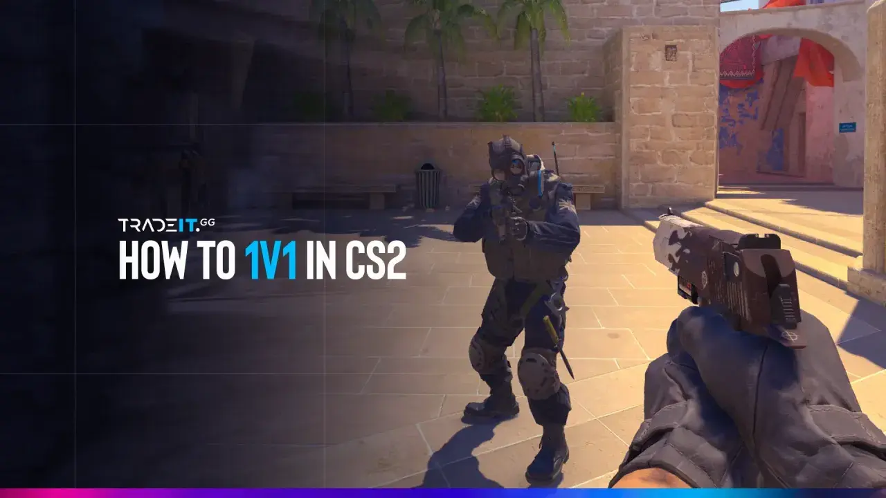 Gracz w CS GO online przygotowuje się do pojedynku 1 na 1. Widok z perspektywy pierwszej osoby na pistolet i przeciwnika w pełnym rynsztunku.