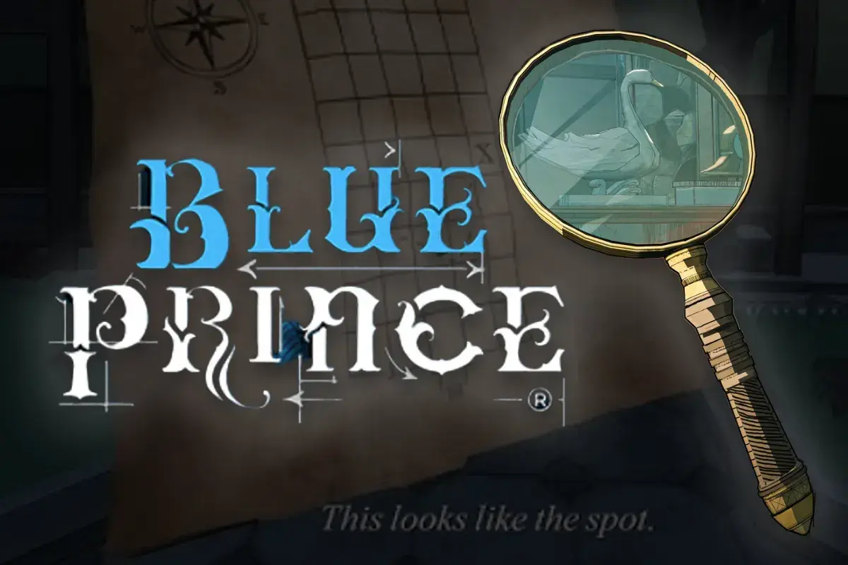 Mapa z napisem "BLUE PRINCE" i szkło powiększające, przez które widać łabędzia.