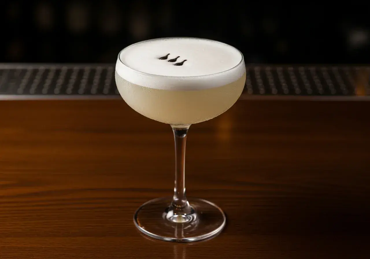 En elegant pisco sour med ett fluffigt skum och tre små mörka prickar på toppen, serverad i ett coupeglas på en träbar.