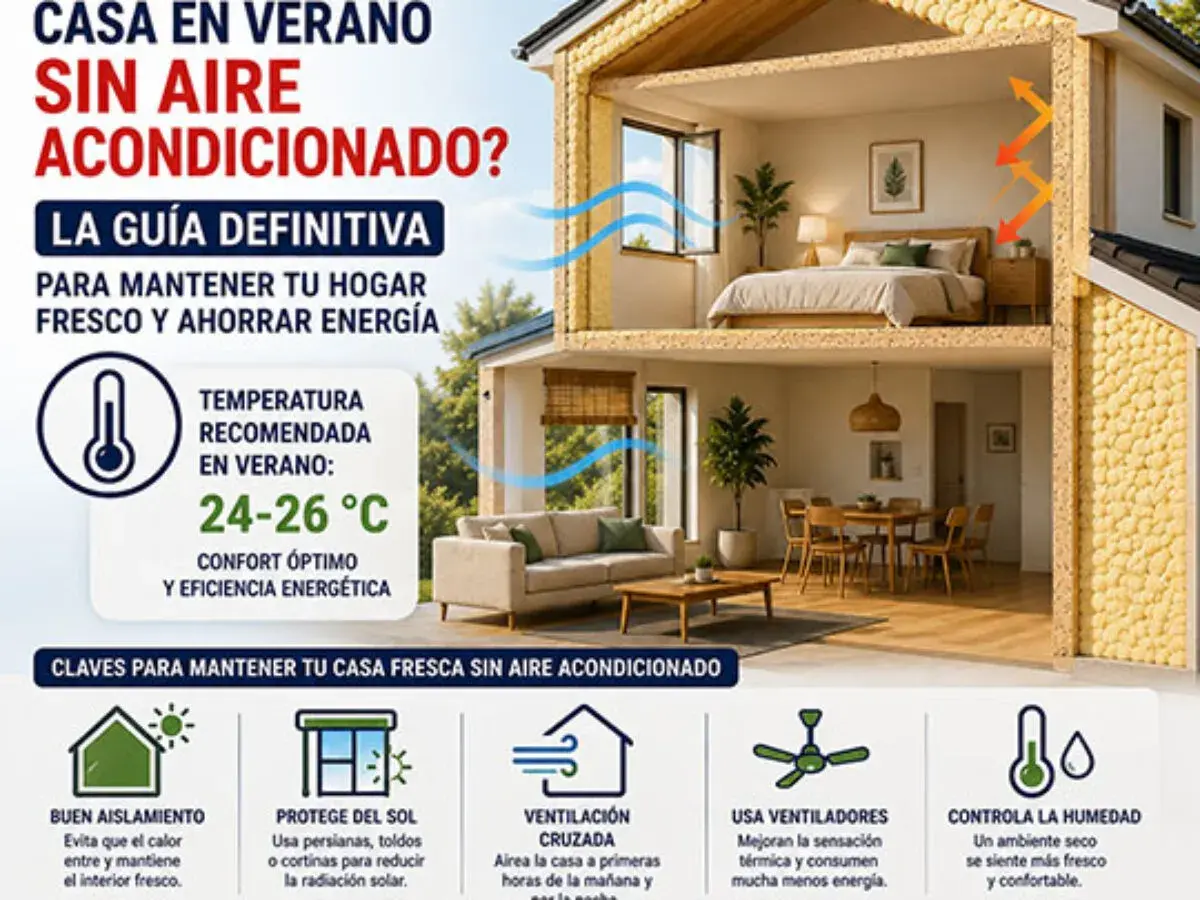 Guía para mantener tu casa fresca en verano sin aire acondicionado. Temperatura recomendada: 24-26°C. Consejos: aislamiento, protección solar, ventilación cruzada, ventiladores y control de humedad.
