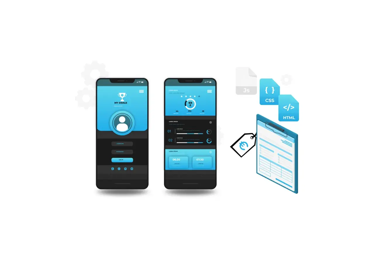Deux maquettes d'applications mobiles bleues et noires, avec des icônes de code (JS, CSS, HTML) et un presse-papiers, illustrant le processus pour coder une application mobile.