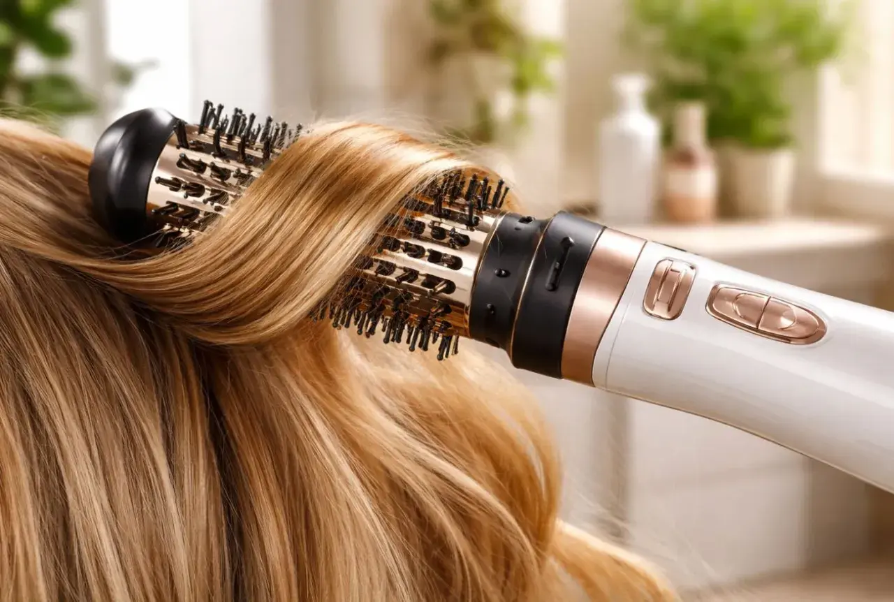 Suszarko-lokówka stylizuje blond włosy, tworząc efekt salonowy.