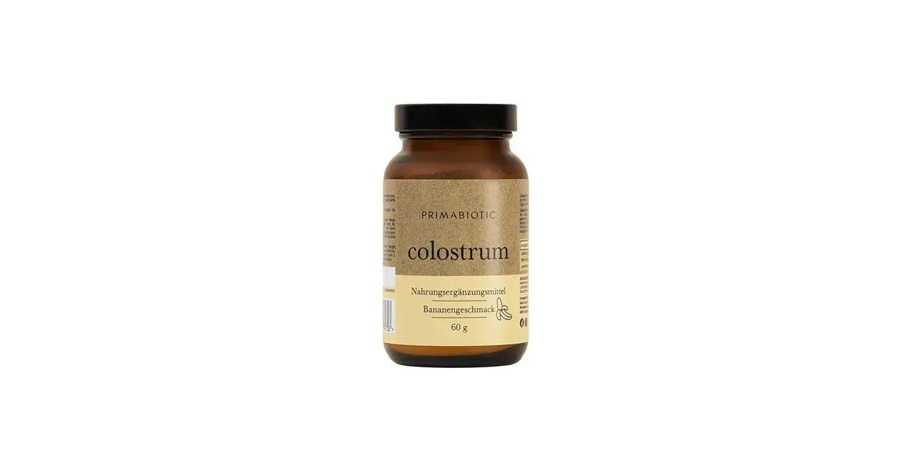 Braunes Glas mit Primabiotic Colostrum, Nahrungsergänzungsmittel mit Bananengeschmack, 60g.