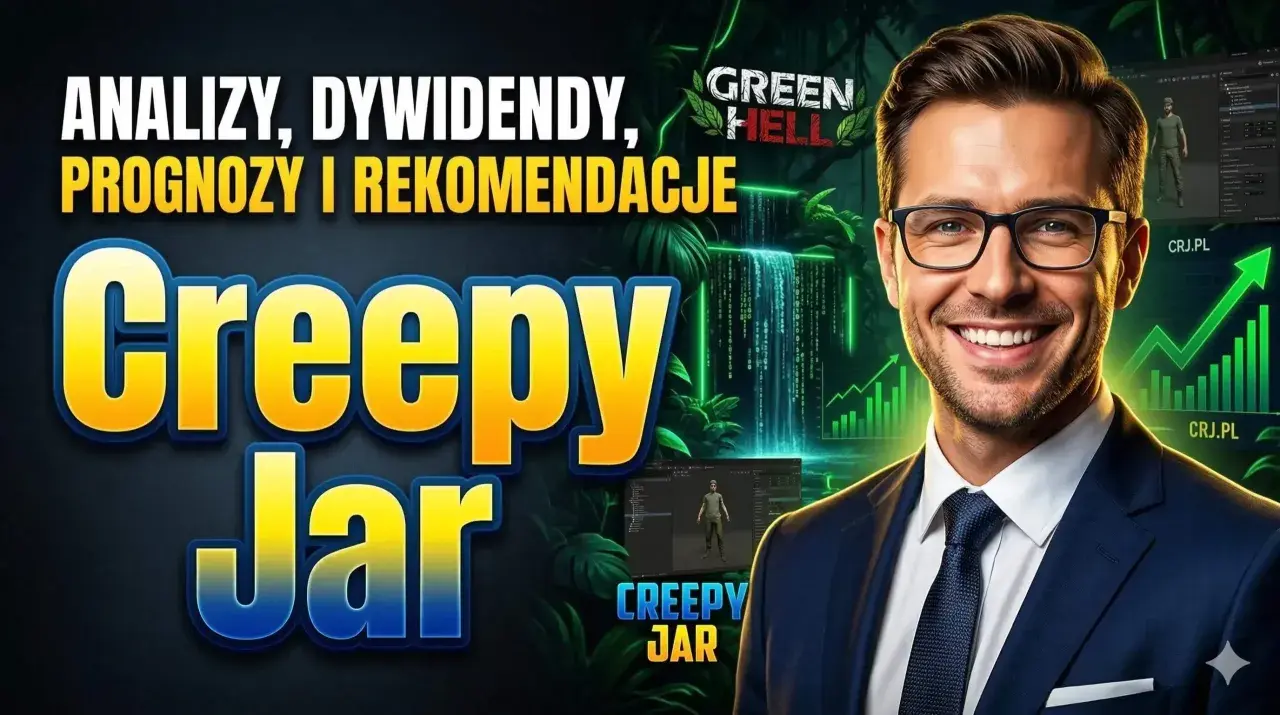Uśmiechnięty mężczyzna w garniturze, na tle dżungli i wykresów. Napis "Creepy Jar" sugeruje analizy i prognozy.