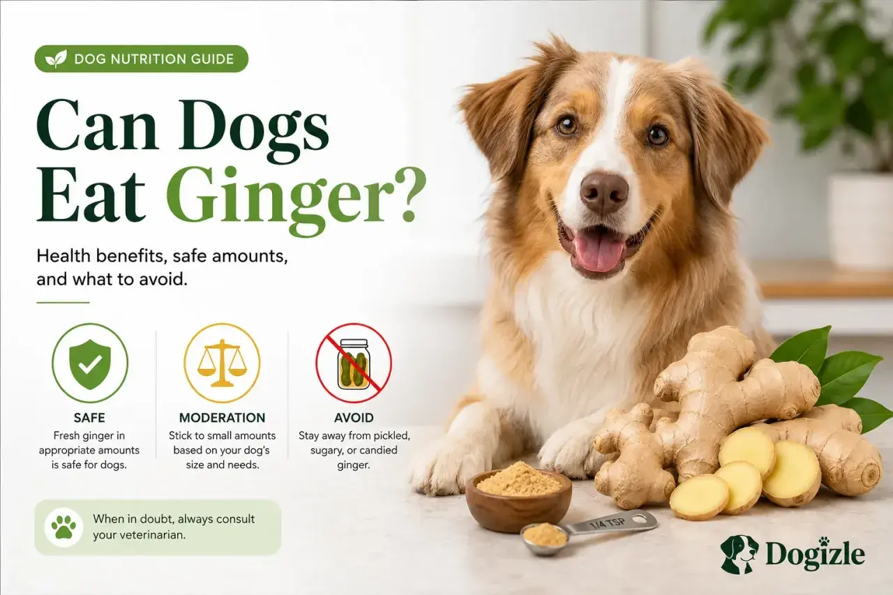 A dog nutrition guide asks "Can Dogs Eat Ginger?" showing a happy dog, fresh ginger, and advice on safe amounts and what to avoid.