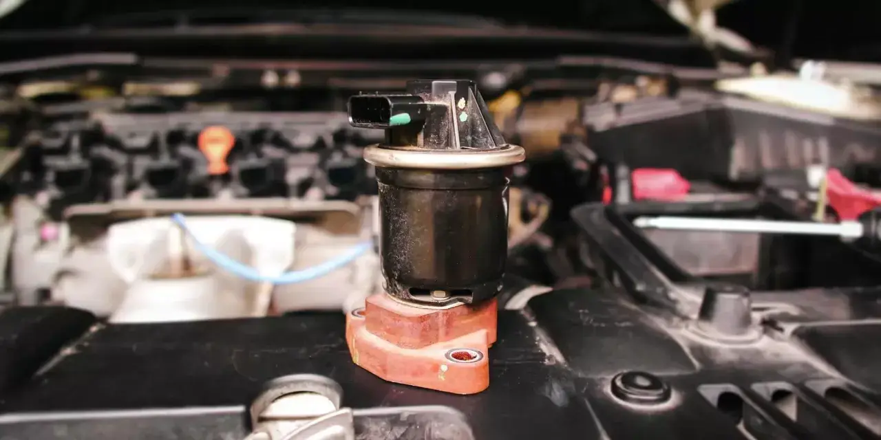 Componente negro con conector eléctrico, posiblemente una válvula de admisión, sobre una base rojiza en un motor.