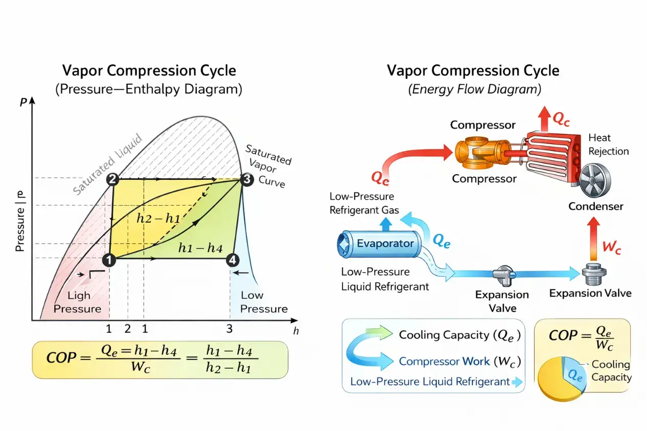 Diagrama del ciclo de compresión de vapor, mostrando el diagrama P-H y el flujo de energía. Incluye la fórmula del COP de refrigeración.