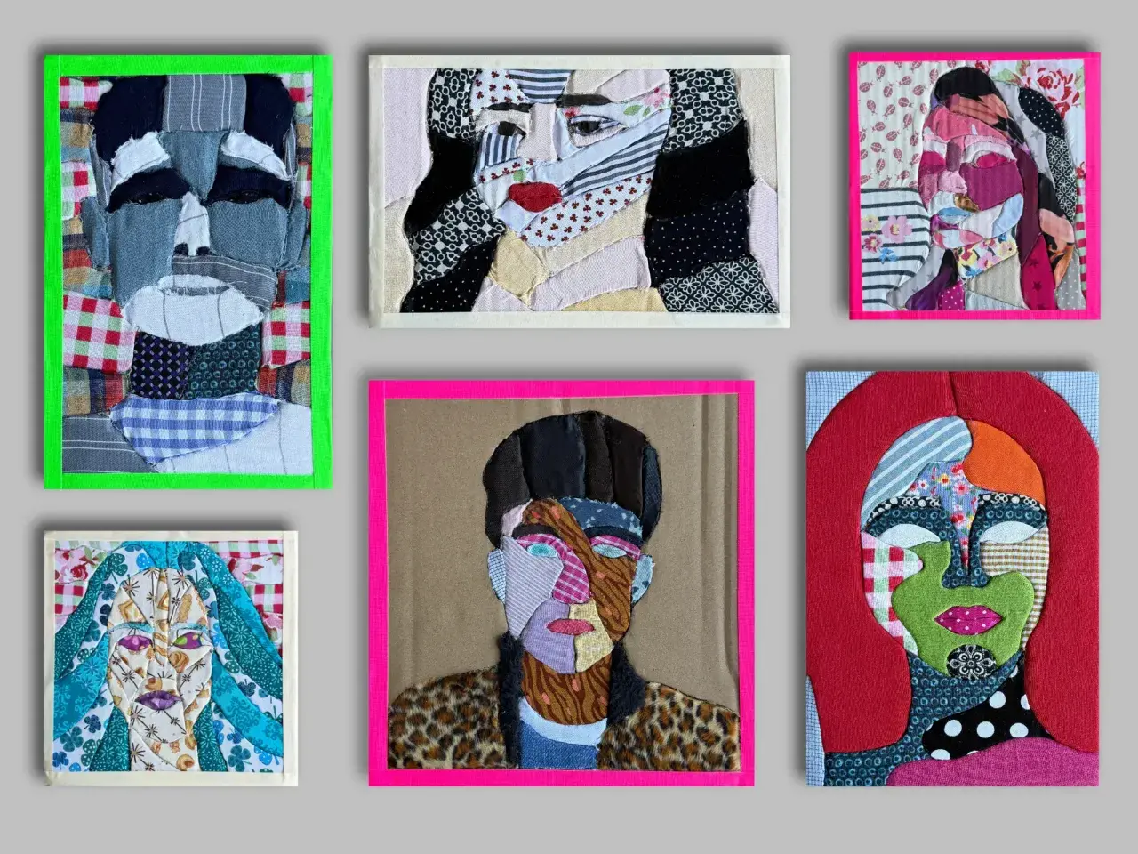 Sechs Patchwork-Porträts, inspiriert von digitalen Kunstideen, zeigen Gesichter aus Stoffresten.