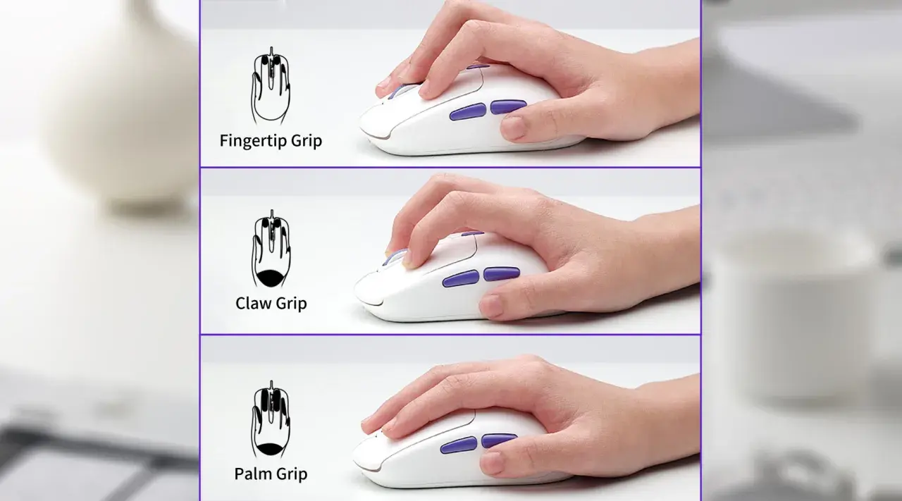 Drei Hände halten eine weiße Maus: Fingertip Grip, Claw Grip und Palm Grip.