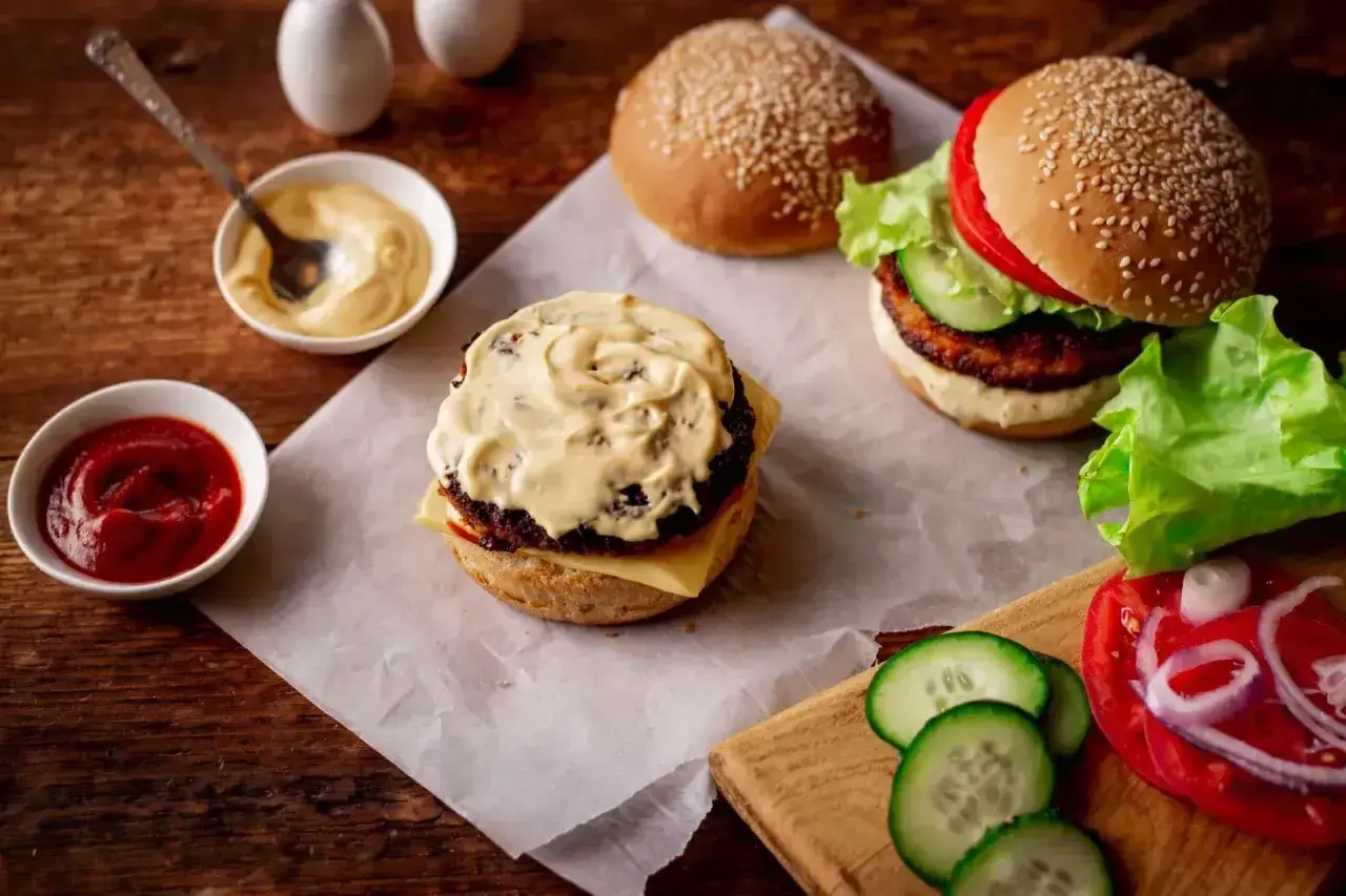 Pyszne hamburgery w trakcie przygotowania. Na stole sosy, bułki i świeże ogórki do hamburgerów.