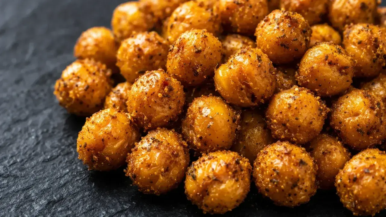 Gros plan sur des pois chiches au four, dorés et croustillants, assaisonnés d'épices. Parfait pour un snack sain.