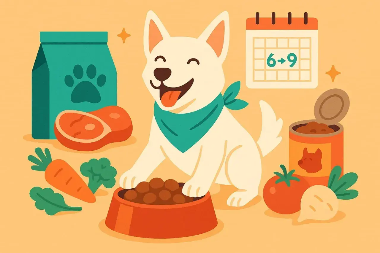 Glücklicher Hund mit Futter, Kalender und Zutaten. Die Futterumstellung Hund wird hier bildlich dargestellt.