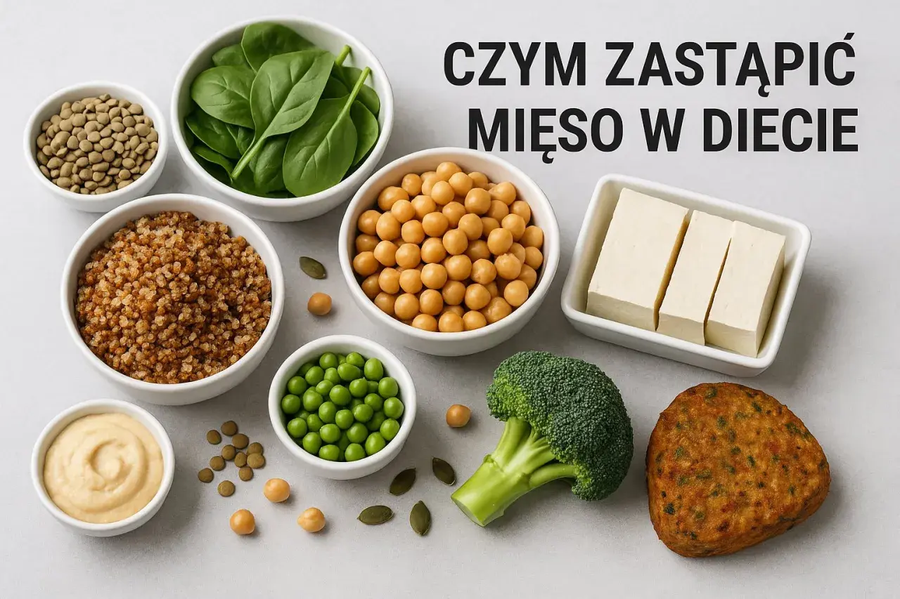 Roślinne alternatywy dla czerwonego mięsa: ciecierzyca, soczewica, groszek, tofu, komosa ryżowa, szpinak, brokuł i kotlet roślinny.