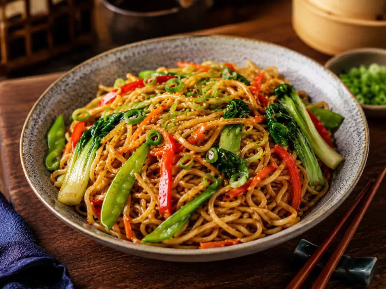 Pyszny makaron chow mein z warzywami, posypany sezamem i szczypiorkiem. Idealny na szybki obiad.