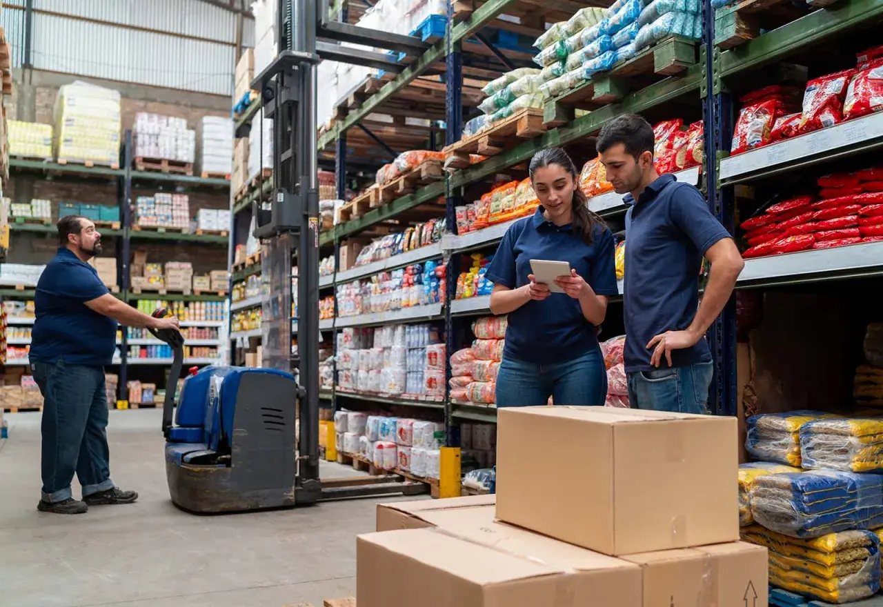 Trabajadores en un almacén revisan inventario en una tablet, gestionando el **cash and carry que es** un modelo de negocio eficiente.