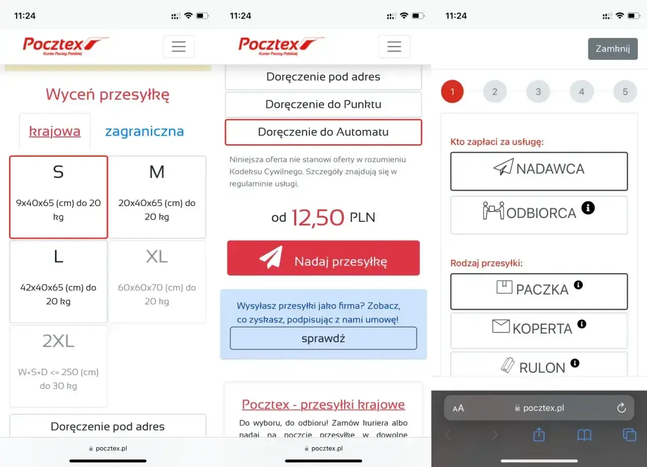 Strona Pocztex.pl pozwala na wycenę i nadanie przesyłki. Można wybrać rozmiar paczki, opcję doręczenia (do automatu, punktu lub pod adres) i kto zapłaci za usługę.