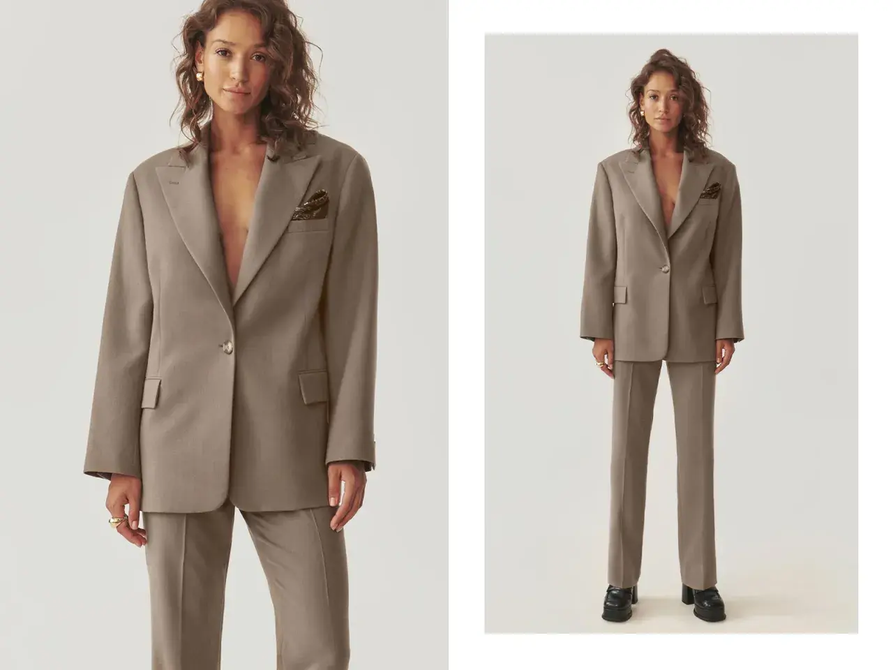 Eleganckie stylizacje z marynarką oversize. Modelka prezentuje beżowy garnitur z luźną marynarką i dopasowanymi spodniami.