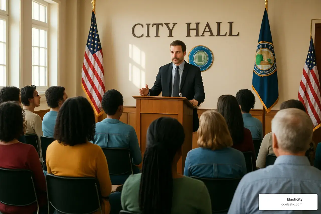 A man speaks at a podium in a City Hall, addressing an audience. This scene depicts one of many federal government conferences.