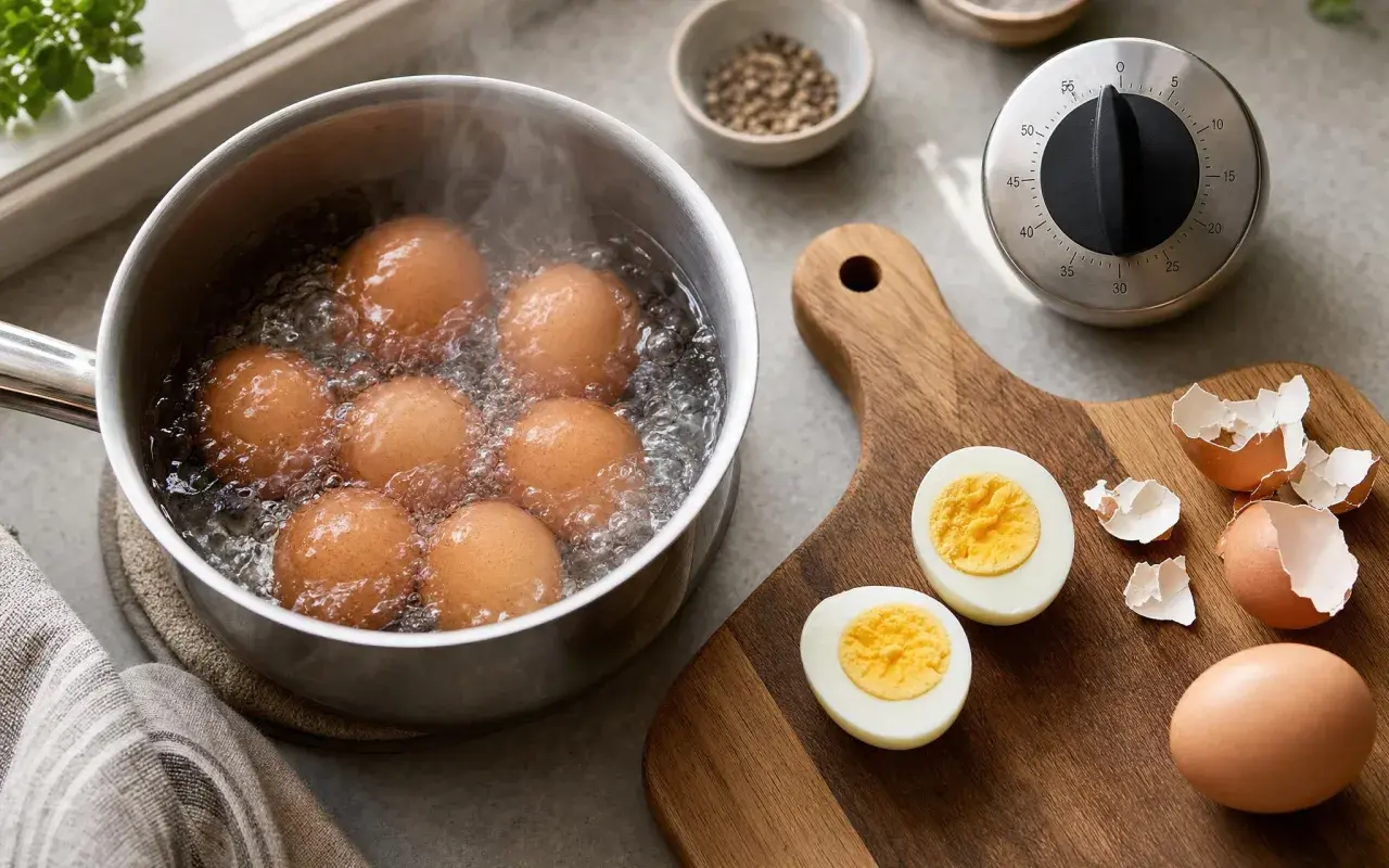 Des œufs à la coque parfaits mijotent dans une casserole d'eau bouillante. Sur une planche à découper, deux œufs coupés révèlent un jaune coulant, prêts à être dégustés.