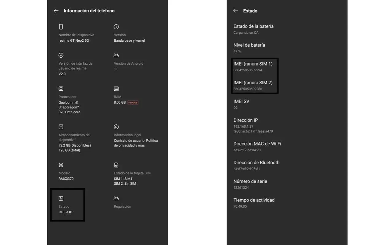 Información del teléfono: Estado del móvil con IMEI para SIM 1 y SIM 2.