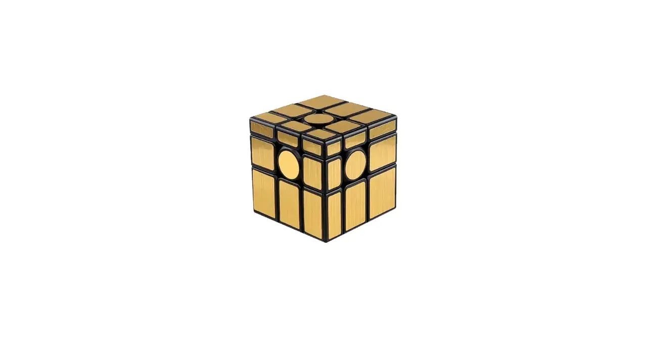 Złoty mirror cube, błyszczący jak lustro, z czarnymi ramkami i okrągłymi elementami.