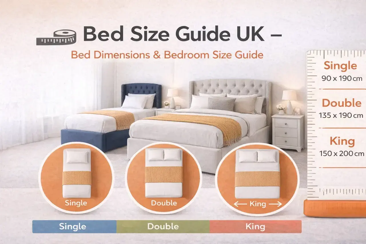 UK bed size guide shows single, double, and king beds. A king bed is 150 x 200 cm, indicating what size bench for king bed.