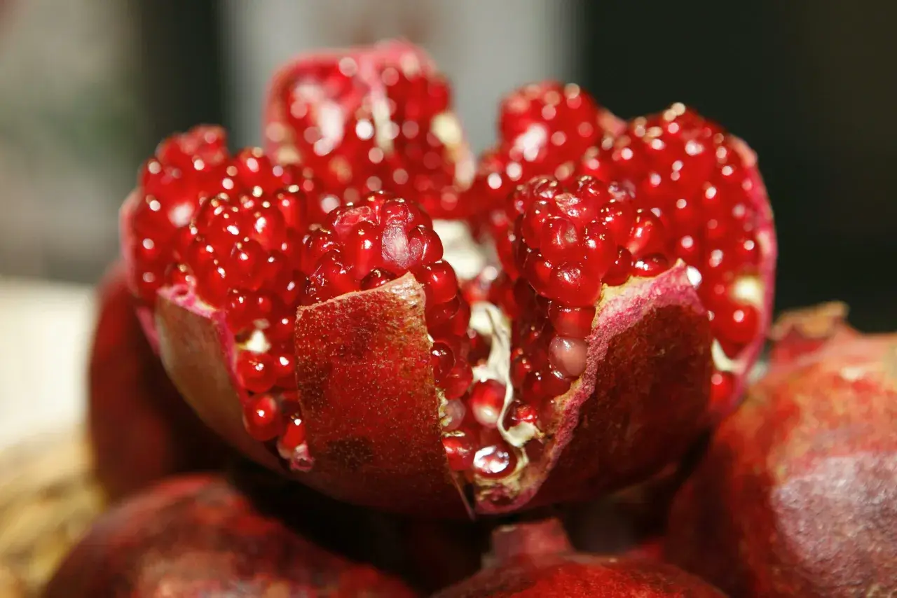 Ein aufgeschnittener Granatapfel mit saftigen roten Kernen. Die **Granatapfelextrakt Wirkung** ist bekannt für ihre antioxidativen Eigenschaften.