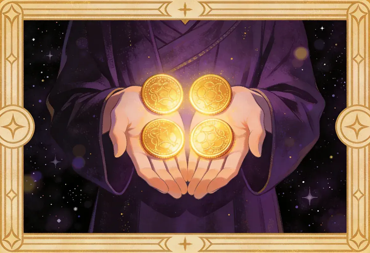 Dłonie trzymają cztery złote monety, symbolizujące bogactwo i stabilność. To karta 10 monet tarot, zapowiadająca dobrobyt.