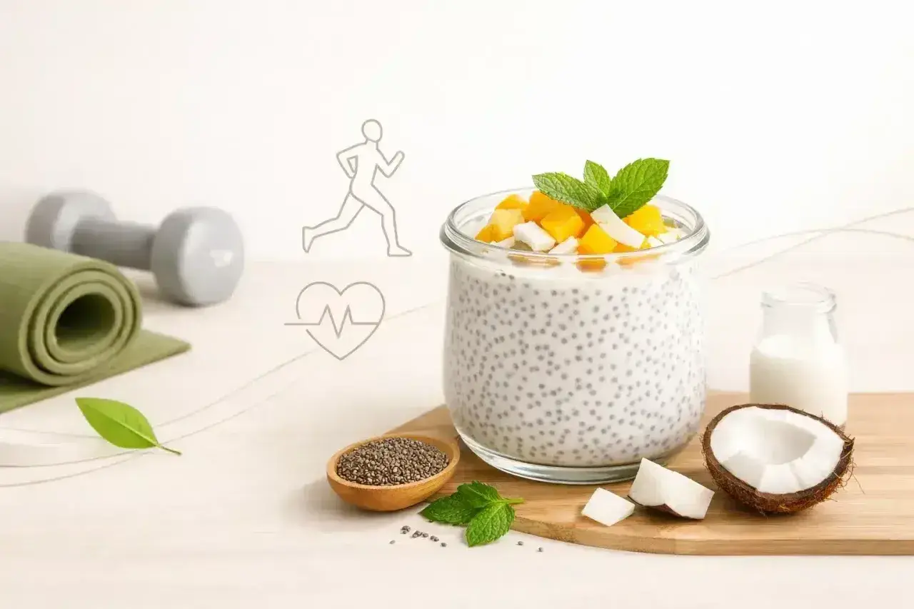 Pudding chia z mango i kokosem, idealny po treningu. Obok leżą hantle i mata.