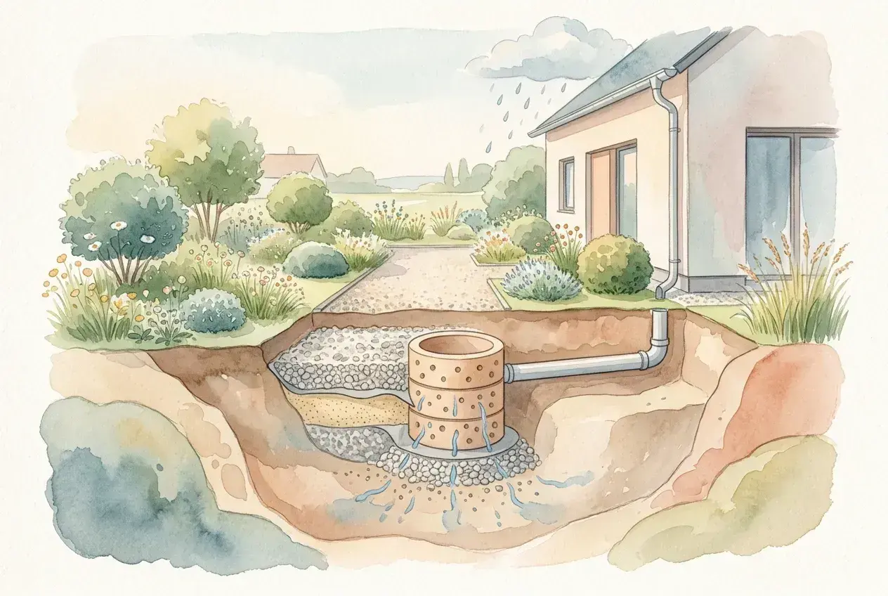 Schema zeigt, wie man eine Sickergrube baut: Regenwasser vom Haus fließt durch Rohre in eine unterirdische Kammer, wo es versickert.