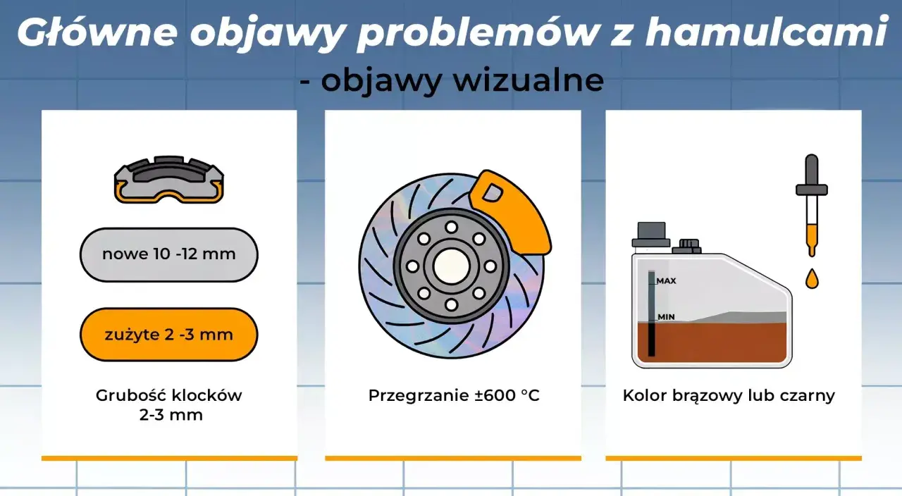 Wizualne objawy problemów z hamulcami: zużyte klocki, przegrzana tarcza, niski poziom płynu hamulcowego (kolor brązowy/czarny) wskazujący na brak płynu hamulcowego.