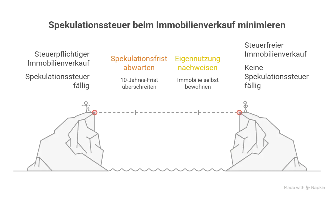 Spekulationssteuer beim Immobilienverkauf minimieren: Spekulationsfrist abwarten oder Eigennutzung nachweisen für steuerfreien Verkauf.