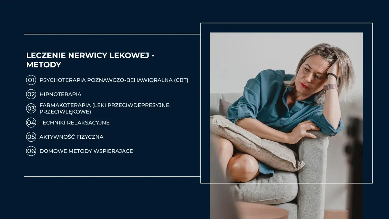 Kobieta siedzi na kanapie, zamyślona. Obok lista metod, jak leczyć nerwicę: psychoterapia, hipnoterapia, farmakoterapia, relaksacja, aktywność fizyczna, metody domowe.