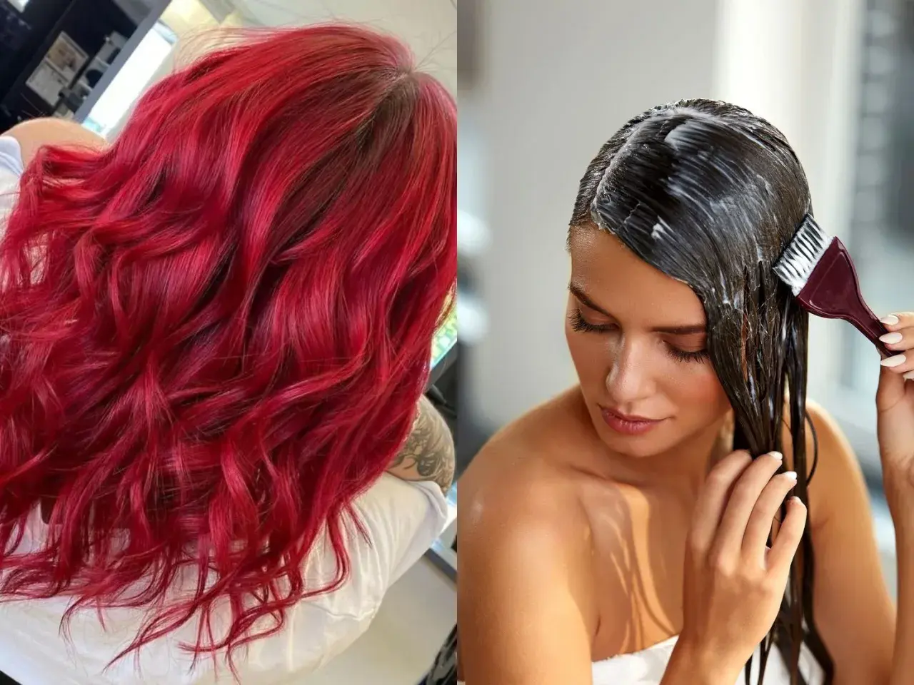 Cabello vibrante rojo intenso y una mujer aplicándose un tratamiento capilar. Un antes y después de un baño de color.