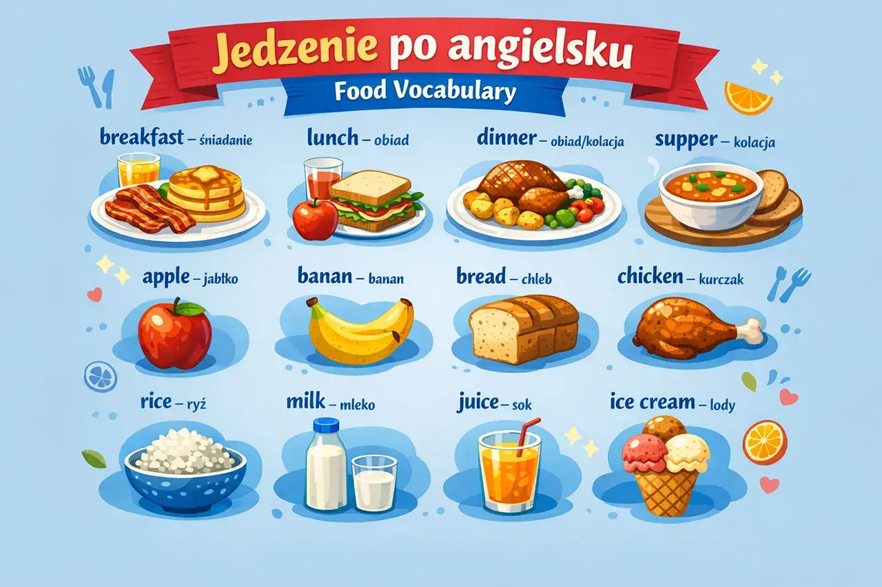 Ilustracja przedstawia różne rodzaje jedzenia po angielsku: śniadanie, obiad, kolację, jabłko, banana, chleb, kurczaka, ryż, mleko, sok i lody.