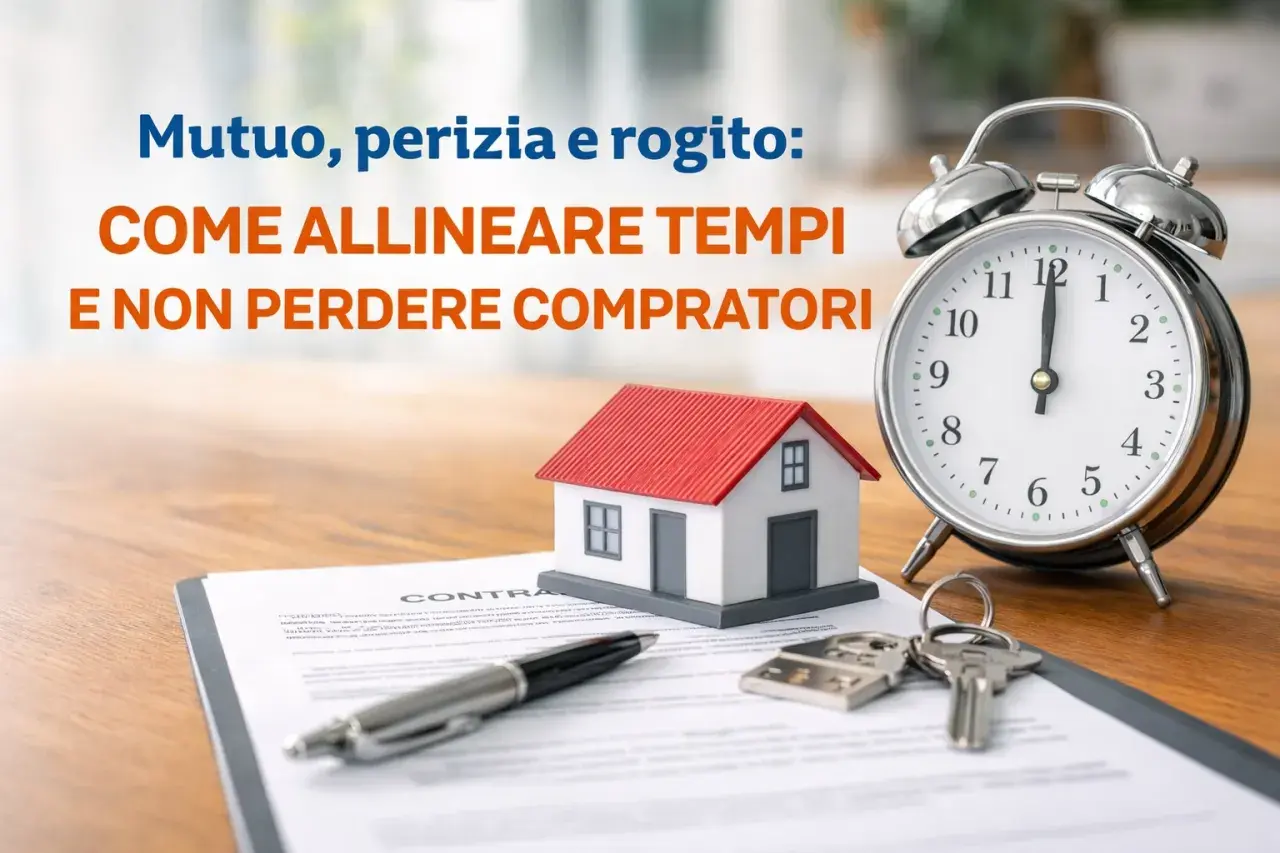 Mutuo, perizia e rogito: allineare i tempi è cruciale per non perdere compratori. Casa, chiavi, contratto e sveglia simboleggiano l'urgenza.