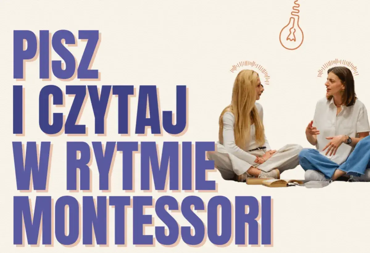 Dwie kobiety rozmawiają, a nad nimi napis "Pisz i czytaj w rytmie Montessori". Idealne, by jak nauczyc dziecko liter.