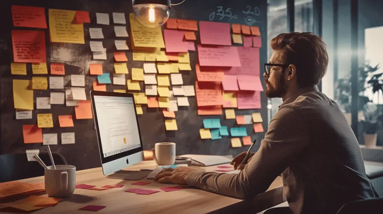 Mężczyzna przy biurku z komputerem i tablicą pełną karteczek. Planuje strategię, która opiera się na permission marketing, by zdobyć zaufanie klientów.
