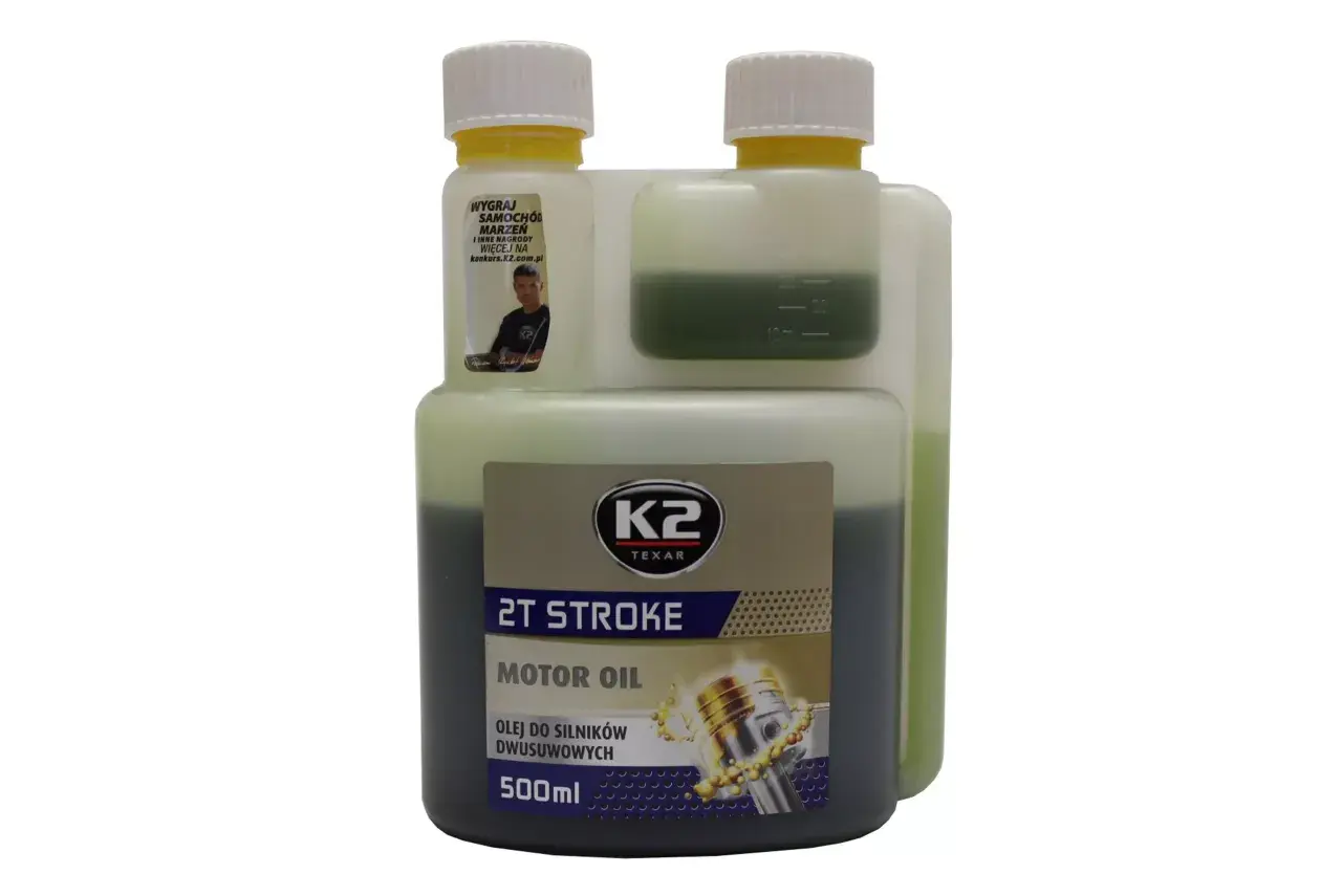 Butelka oleju silnikowego K2 Texar 2T Stroke 500ml z miarką.