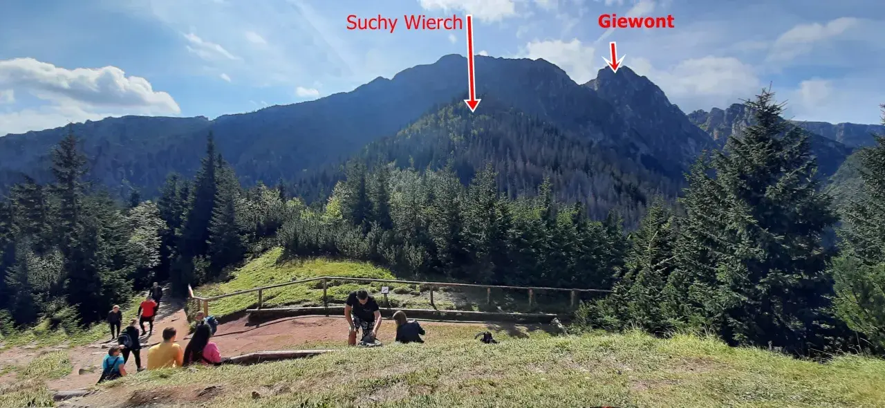 Widok na góry Suchy Wierch i Giewont. Ludzie odpoczywają na szlaku, podziwiając sarnią skałę i jej wysokość.