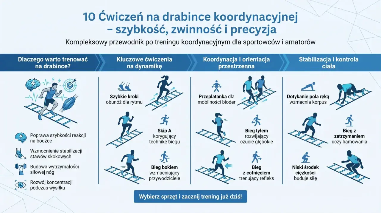 Ilustracja pokazuje 10 ćwiczeń na drabince koordynacyjnej, które poprawiają szybkość, zwinność i precyzję.