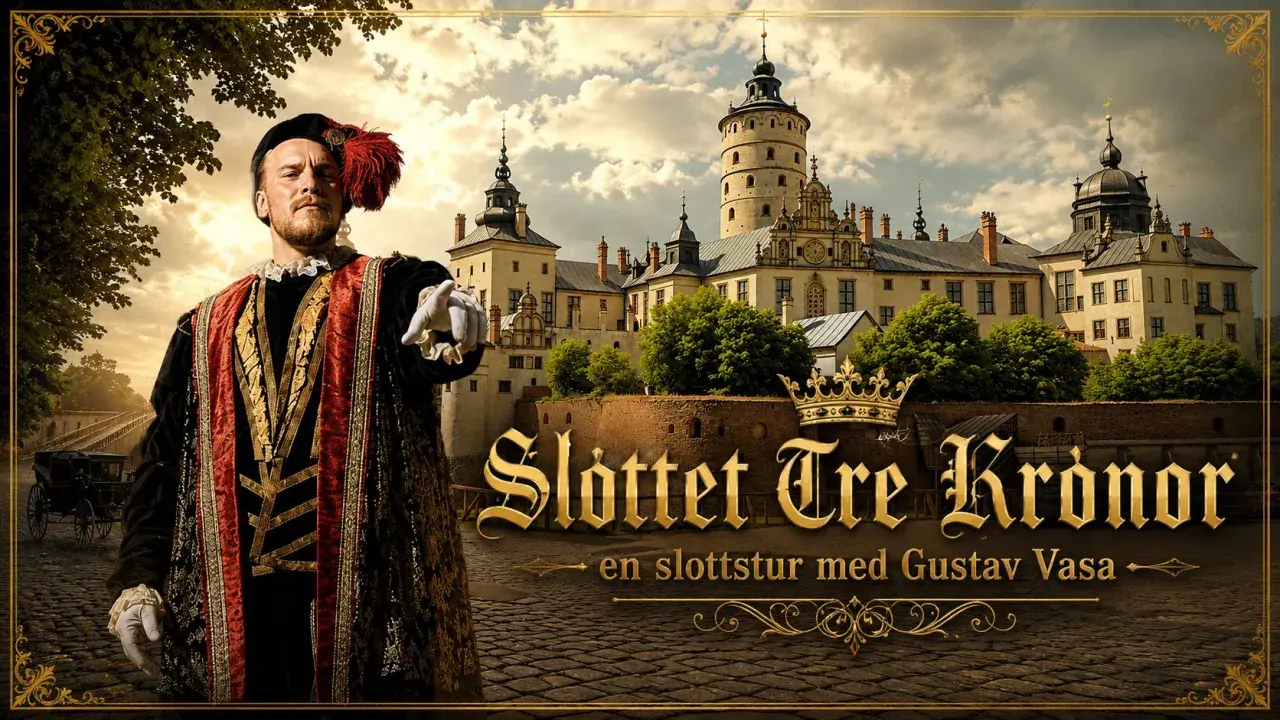 Gustav Vasa pekar mot slottet Tre Kronor, där han bodde. En kunglig gestalt i historisk dräkt framför ett ståtligt slott.