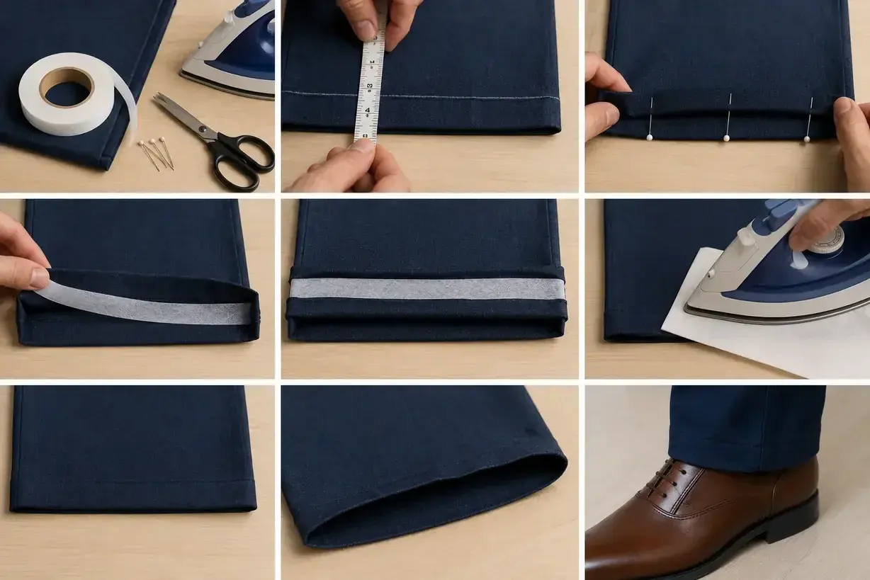 Réaliser un ourlet de pantalon facilement avec un **thermocollant sans fer à repasser**. Mesure, pliage, épingles, bande thermocollante et repassage.