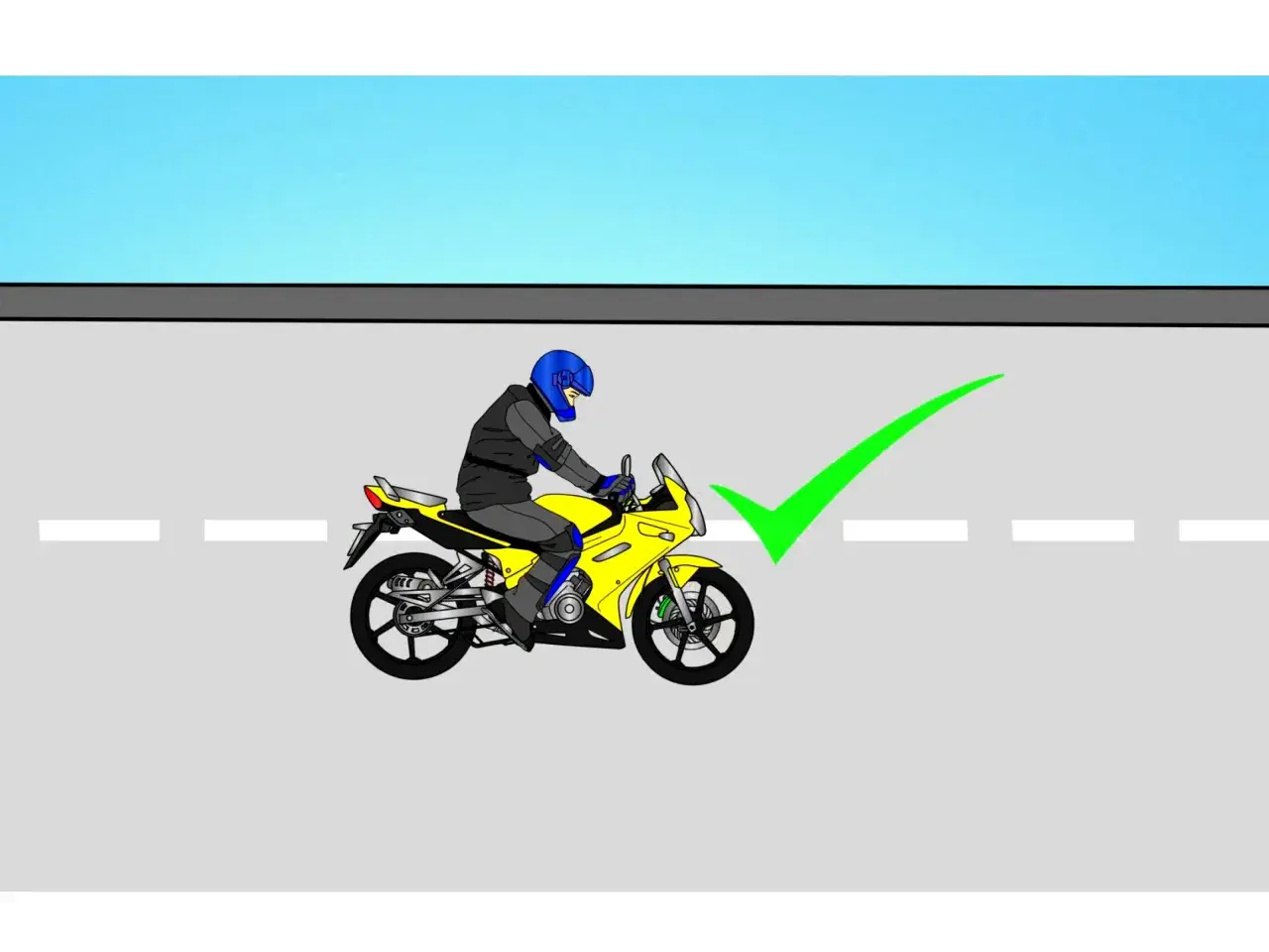 Motociclista con casco azul listo para arrancar una moto amarilla. ¡Todo en orden!