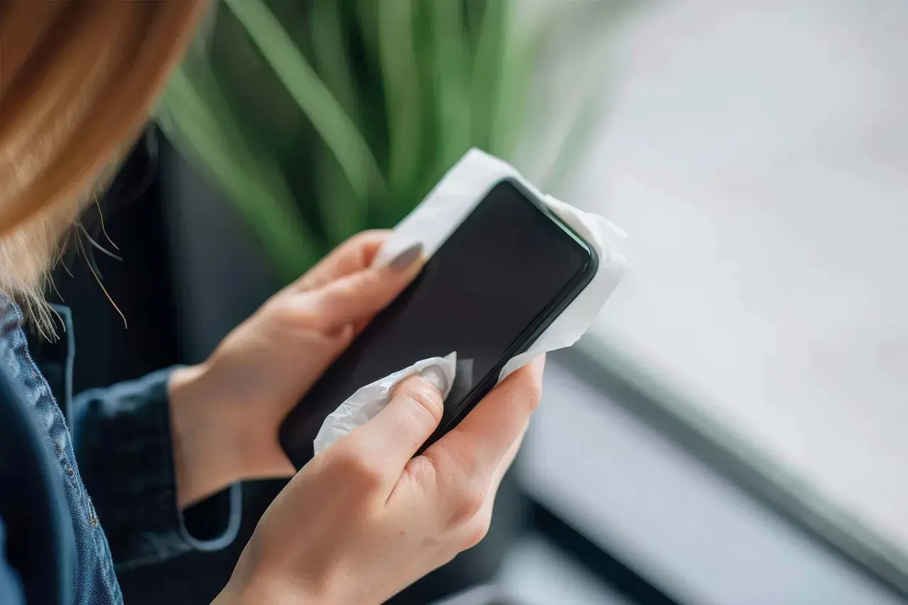 Kobieta dba o higienę, wykonując czyszczenie telefonu wilgotną chusteczką. Dłonie z zadbanymi paznokciami delikatnie przykładają materiał do ekranu.