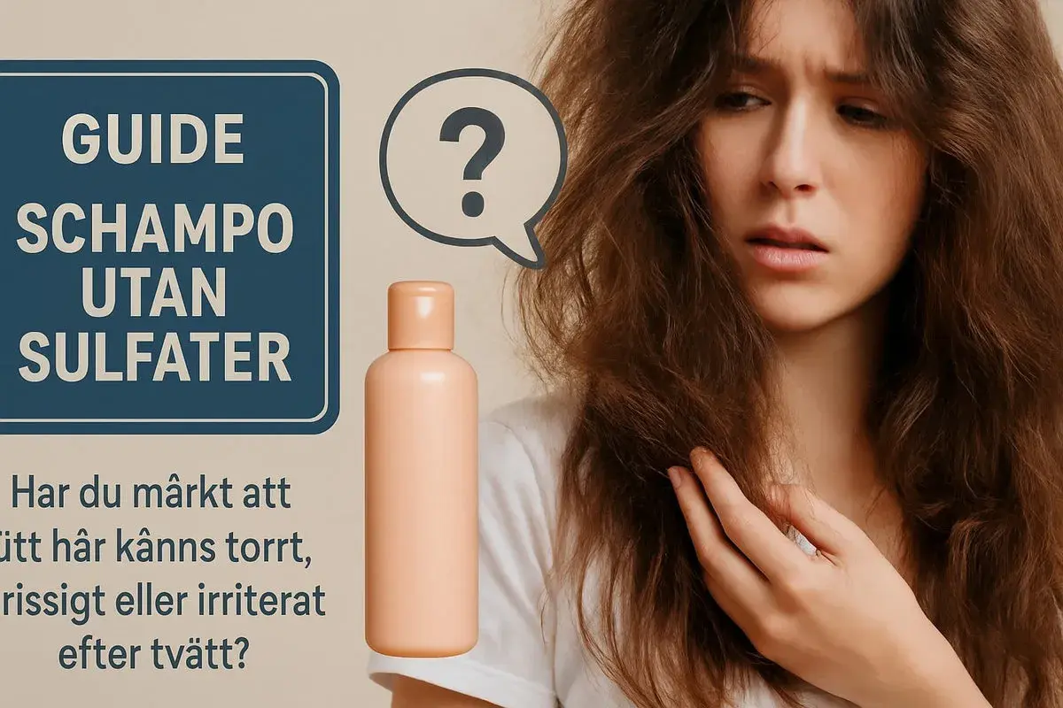 En kvinna med torrt, frissigt hår ser fundersam ut bredvid en flaska sulfatfritt schampo. En guide om schampo utan sulfater.