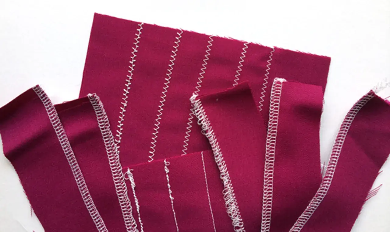 Swatches of magenta fabric show various stitch types, demonstrating adjusting tension on a sewing machine for different seam finishes.