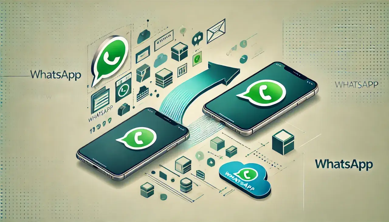 Jak przenieść WhatsApp na nowy telefon? Grafika pokazuje dwa smartfony i chmurę, symbolizujące transfer danych.