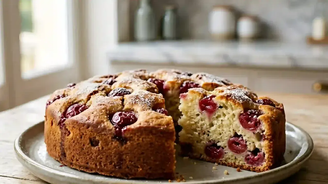 Un délicieux gâteau aux cerises, saupoudré de sucre glace, est présenté sur une assiette. Une part a été retirée, révélant la texture moelleuse et les fruits rouges.