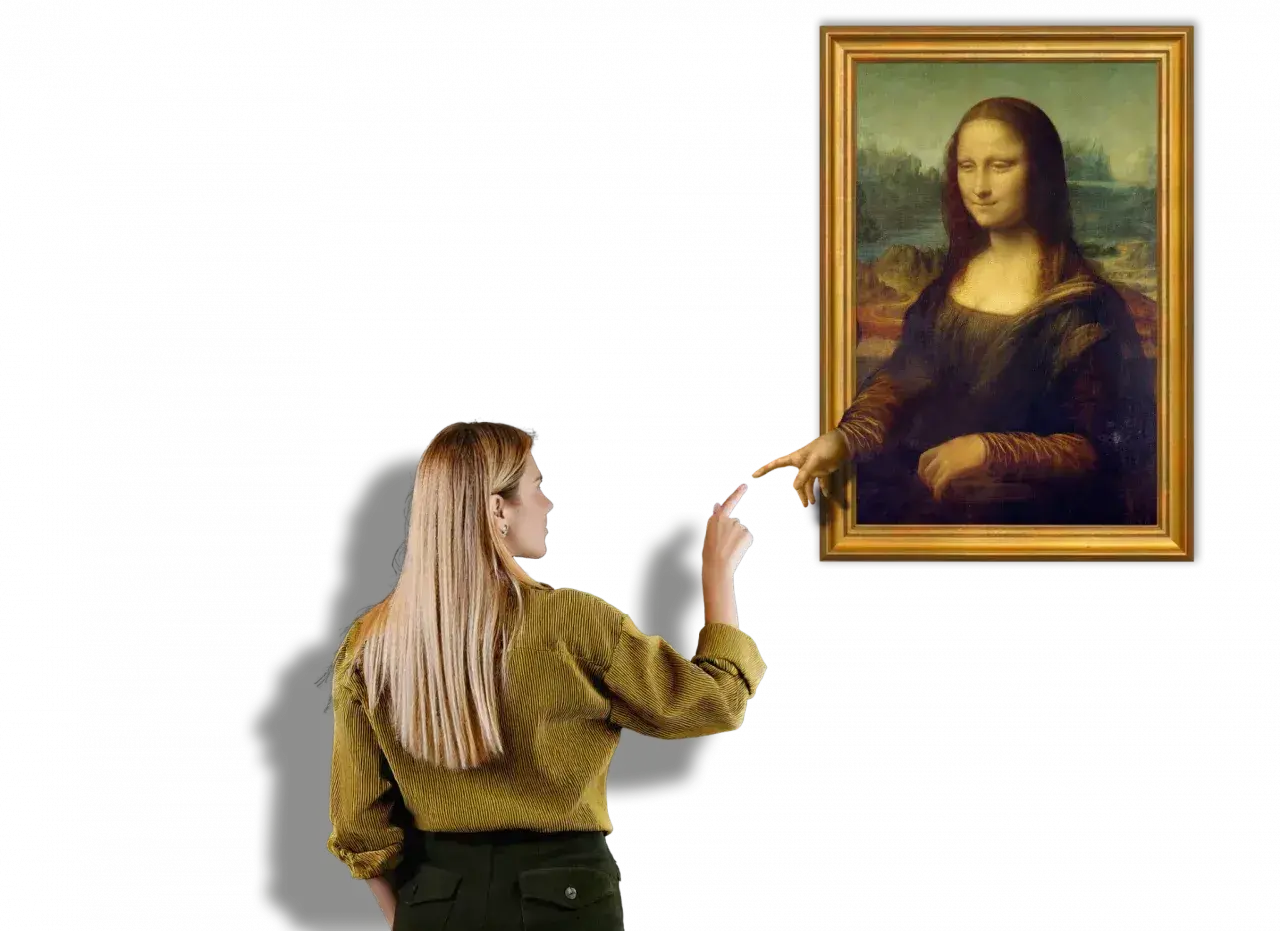 Eine Frau streckt ihren Finger aus, um die Mona Lisa zu berühren, die ihr auf dem berühmten Gemälde entgegenkommt.